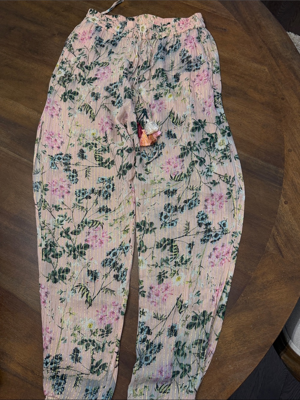 Rococo Sand Pink Floral Drawstring Casual Pants